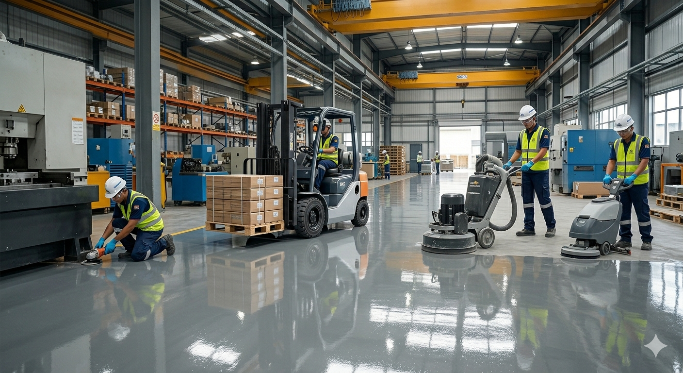 Foto operasional jasa epoxy clear coating Bengkulu oleh Eltama Prima Indo di dalam area gudang industri. Terlihat pekerja sedang melakukan aplikasi coating pada lantai beton yang mengkilap dan halus, dibantu dengan mesin pemoles lantai serta forklift.