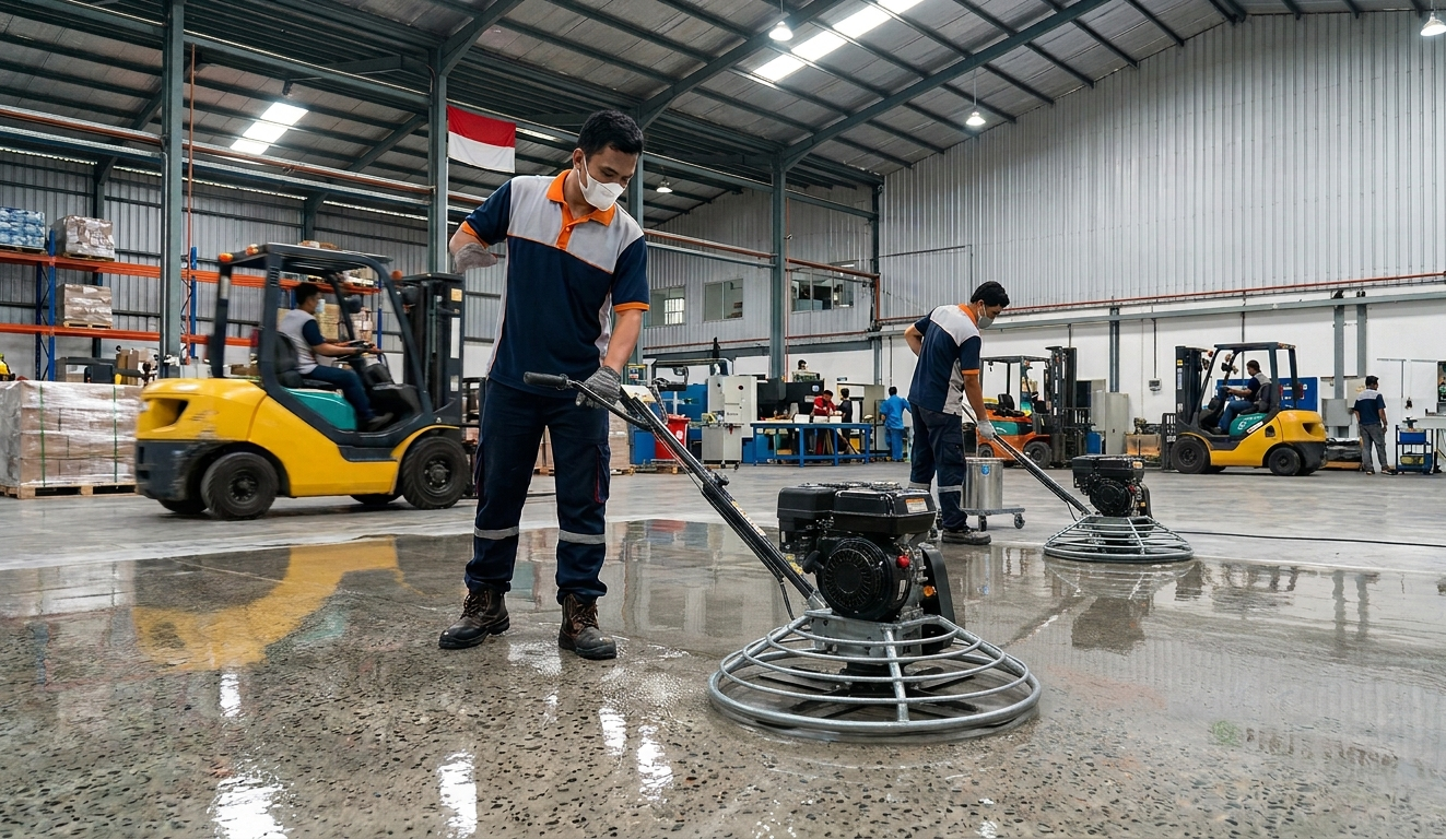 Dua teknisi profesional sedang menggunakan mesin trowel beton untuk proses finishing lantai industri yang dilapisi epoxy clear di dalam sebuah gudang atau pabrik. Di latar belakang terlihat aktivitas operasional gudang dengan forklift kuning, rak penyimpanan, dan staf yang bekerja di area fasilitas industri yang luas.