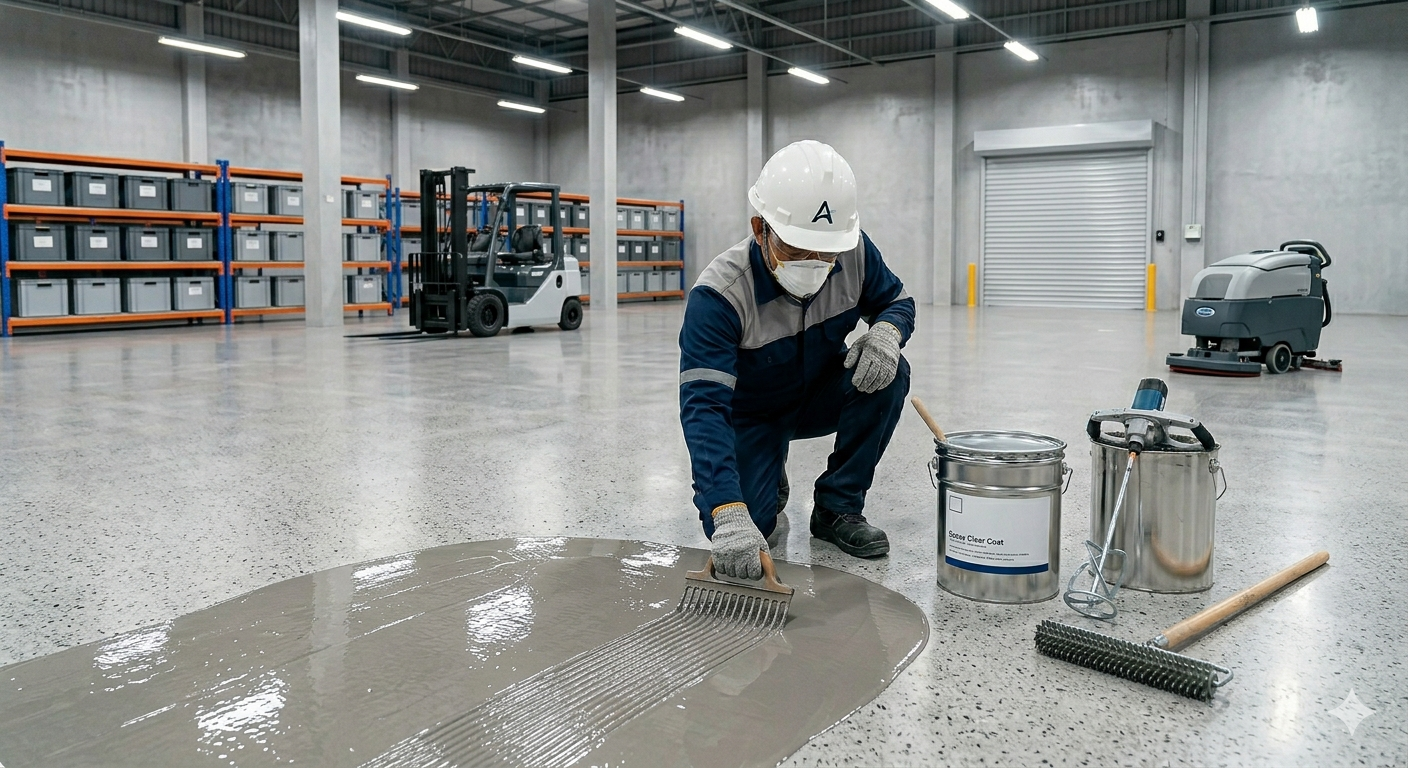 seorang pekerja aplikator profesional mengenakan APD lengkap (helm putih, masker, dan sarung tangan) sedang mengaplikasikan material epoxy clear coating pada lantai beton gudang menggunakan alat trowel bergerigi secara detail, dengan latar belakang area industri yang luas dan bersih.
